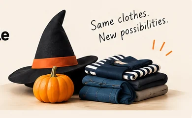 A witch hat, pumpkin and folded everyday clothes