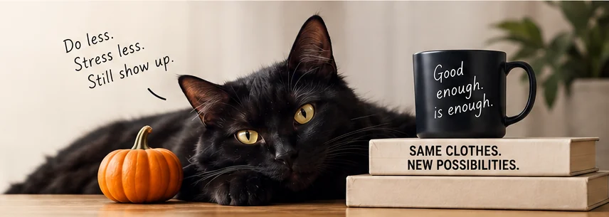 A relaxed black cat beside a small pumpkin, a mug and simple Halloween props